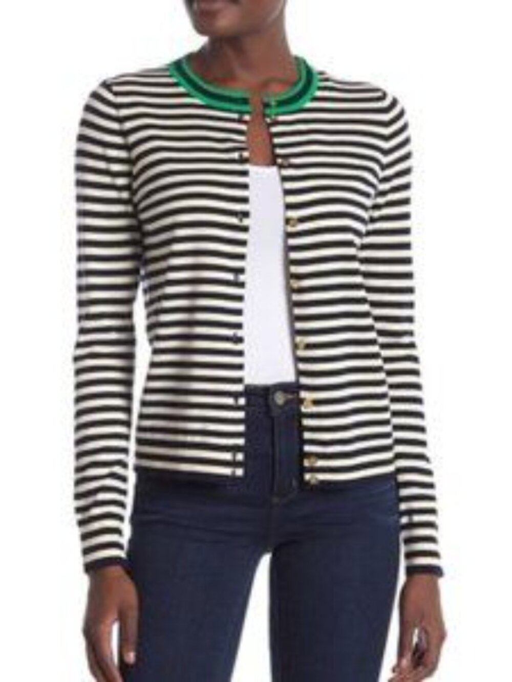 J. Crew Navy and White Striped Cardigan with Green Accents and gold buttons - Picture 2 of 8